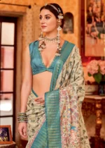 Cream and Turquoise Silk Saree with Tribal Print