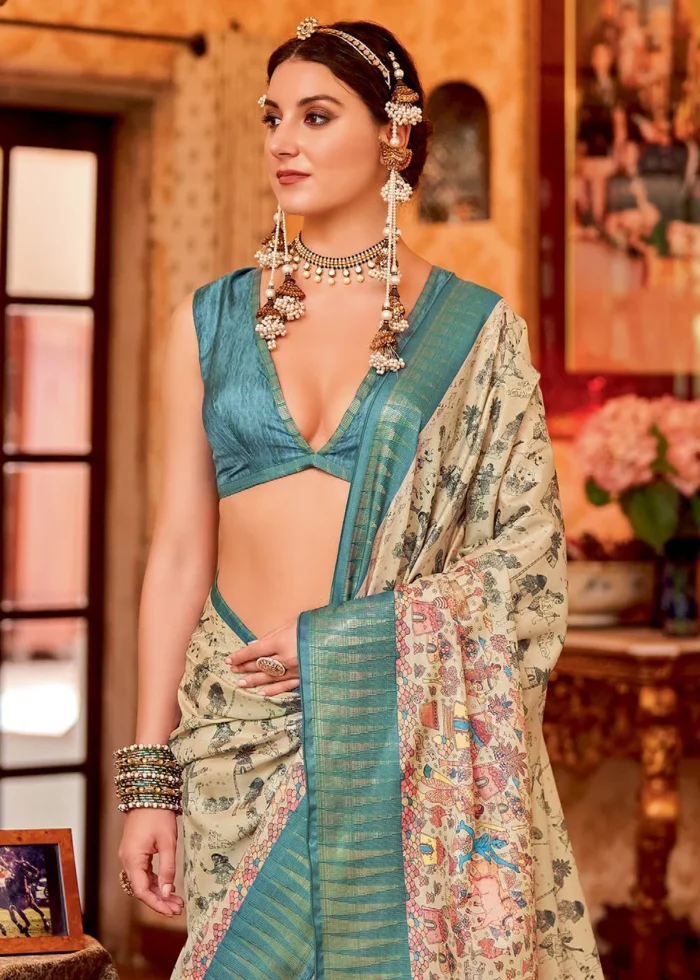 Cream and Turquoise Silk Saree with Tribal Print