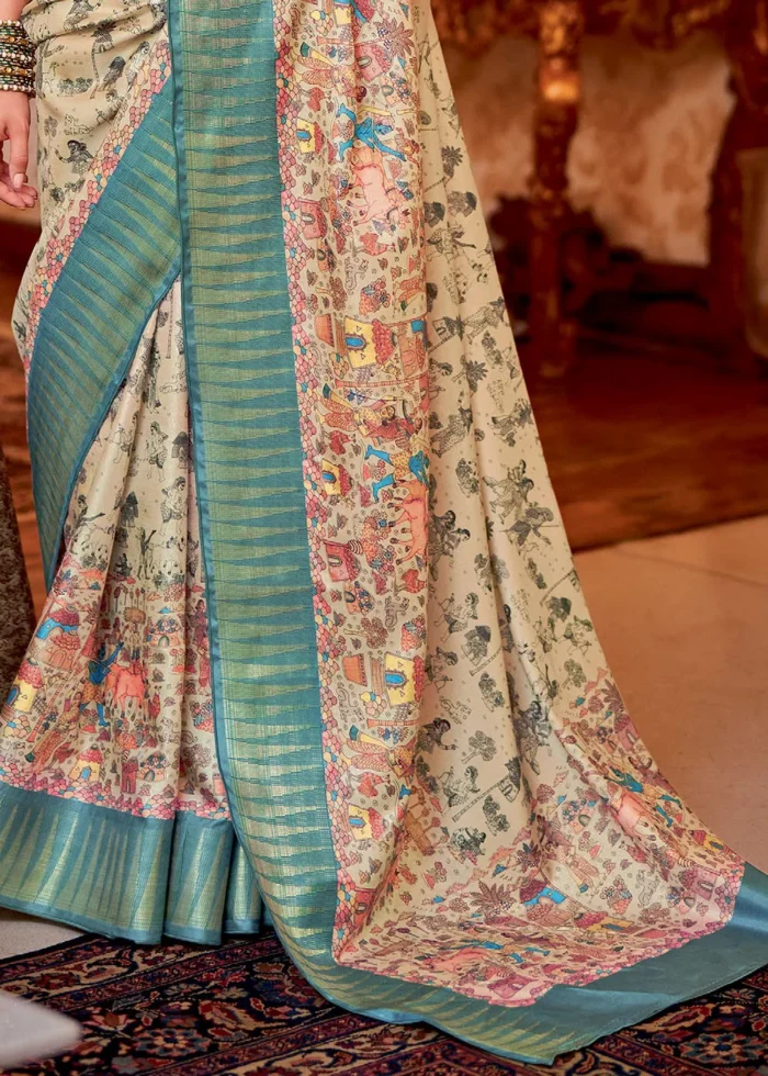 Cream and Turquoise Silk Saree with Tribal Print