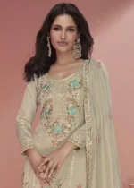 Embroidered Beige Organza Silk Palazzo Suit