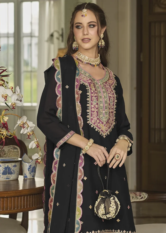 Embroidered Black Chinon Silk Sharara Suit