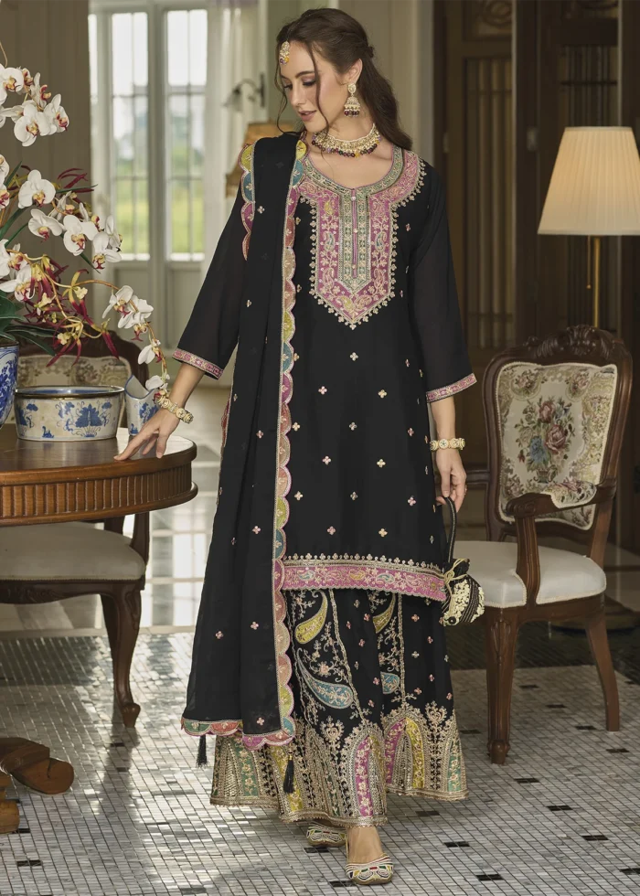 Embroidered Black Chinon Silk Sharara Suit