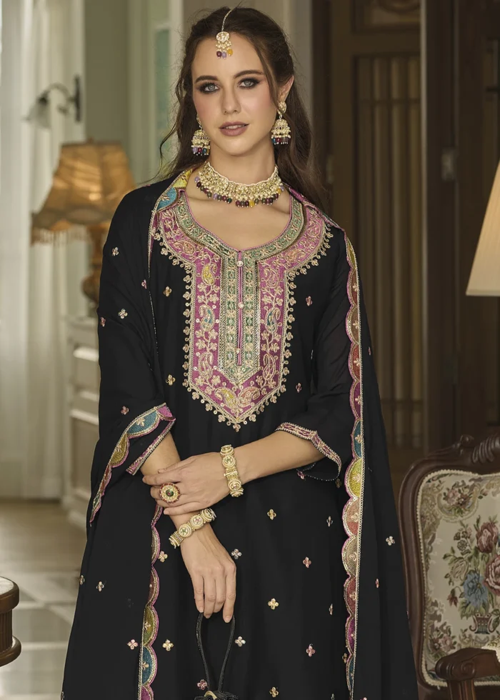 Embroidered Black Chinon Silk Sharara Suit