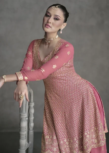 Embroidered Coral Peach Georgette Sharara Suit