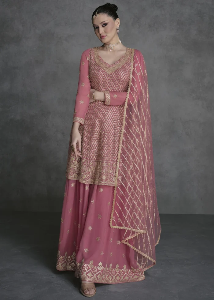 Embroidered Coral Peach Georgette Sharara Suit