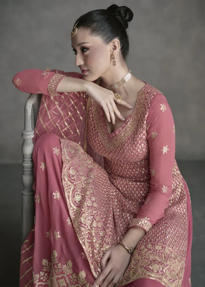 Embroidered Coral Peach Georgette Sharara Suit