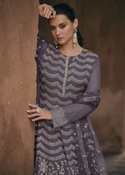 Embroidered Mauve Georgette Gharara Suit