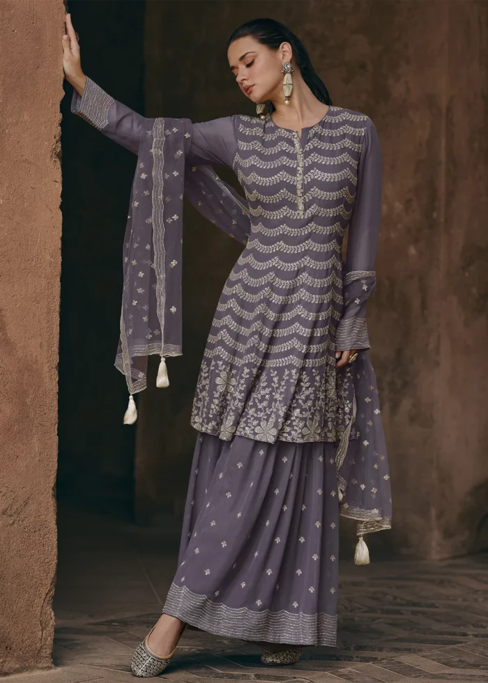 Embroidered Mauve Georgette Gharara Suit