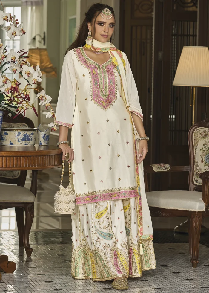 Embroidered Off White Chinon Silk Sharara Suit