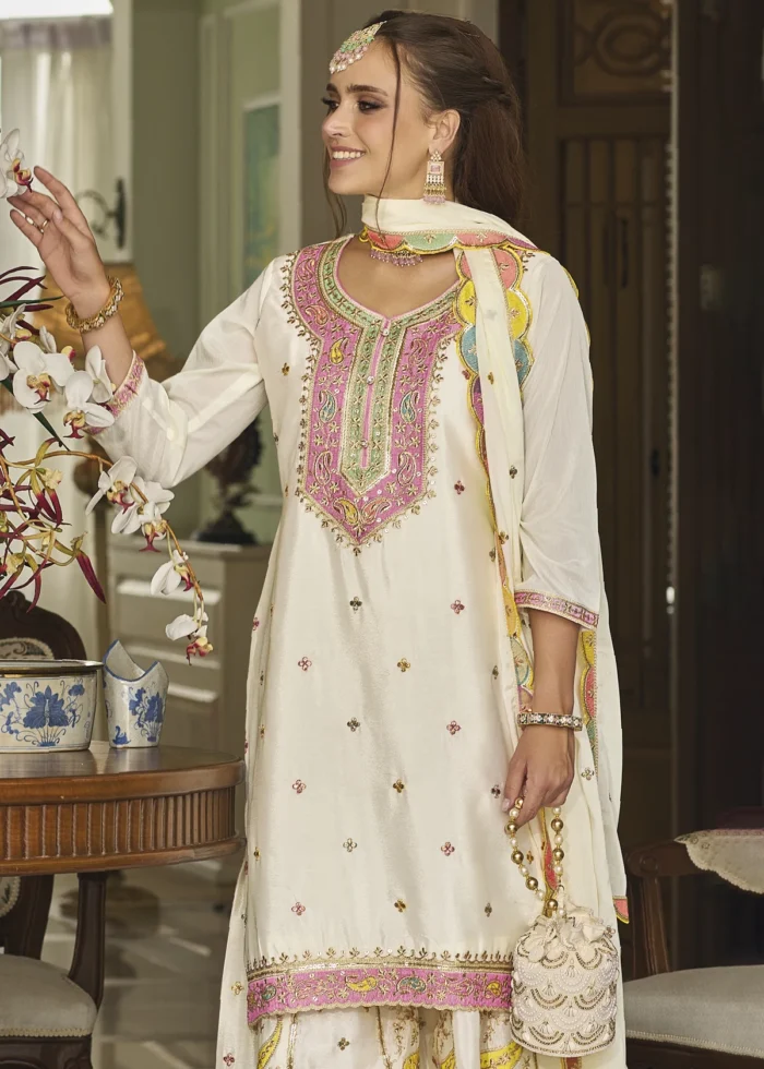 Embroidered Off White Chinon Silk Sharara Suit