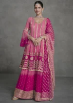 Embroidered Ombré Rani Pink Georgette Sharara Suit