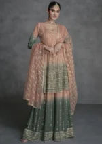 Embroidered Peach and Pine Green Georgette Sharara Suit