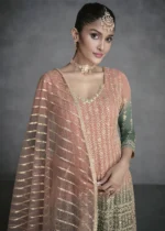 Embroidered Peach and Pine Green Georgette Sharara Suit