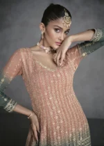 Embroidered Peach and Pine Green Georgette Sharara Suit