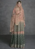 Embroidered Peach and Pine Green Georgette Sharara Suit