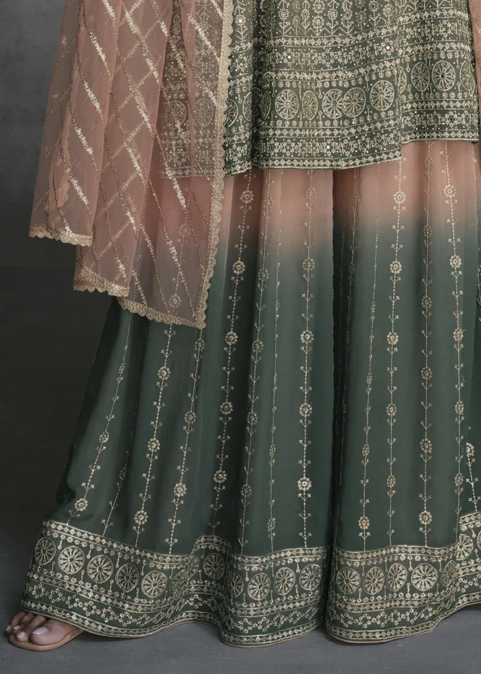 Embroidered Peach and Pine Green Georgette Sharara Suit