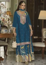 Embroidered Peacock Blue Chinon Silk Sharara Suit