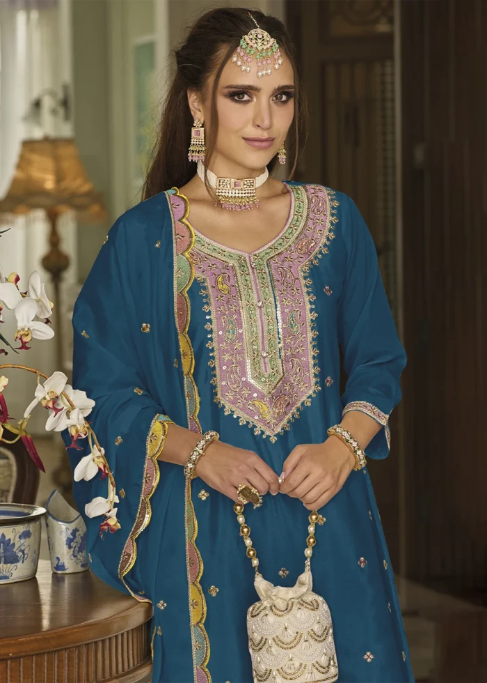 Embroidered Peacock Blue Chinon Silk Sharara Suit