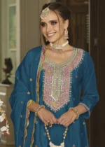 Embroidered Peacock Blue Chinon Silk Sharara Suit