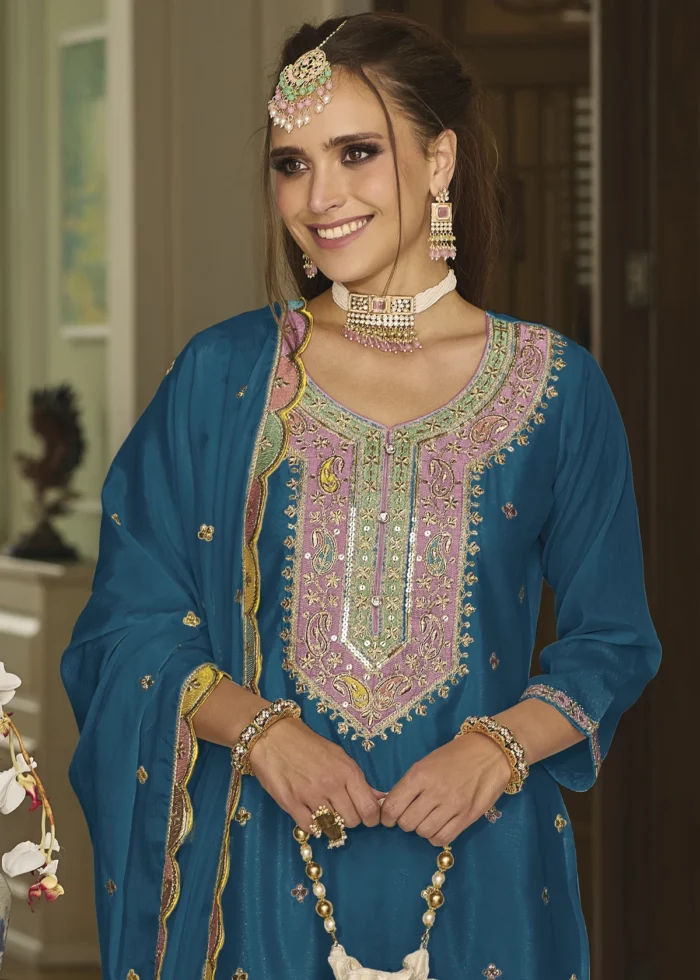 Embroidered Peacock Blue Chinon Silk Sharara Suit