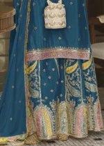 Embroidered Peacock Blue Chinon Silk Sharara Suit