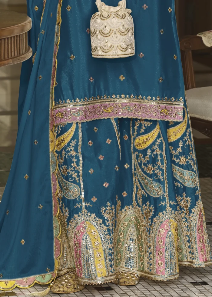 Embroidered Peacock Blue Chinon Silk Sharara Suit