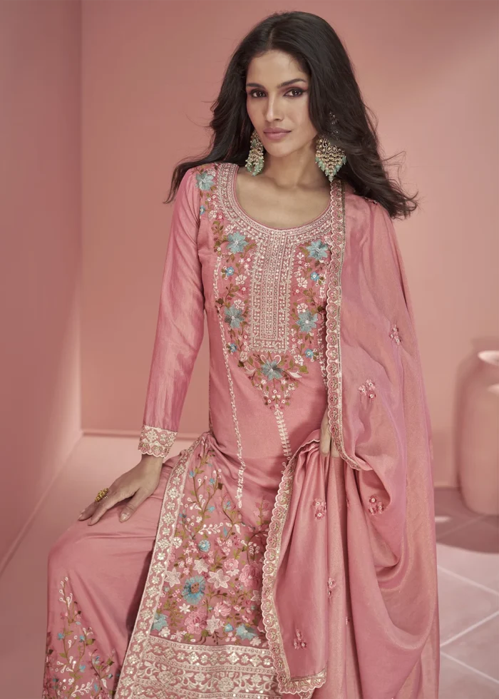 Embroidered Pink Organza Silk Palazzo Suit