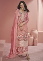 Embroidered Pink Organza Silk Palazzo Suit