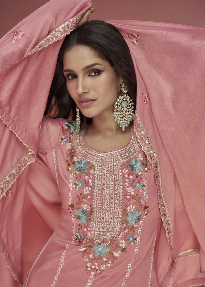 Embroidered Pink Organza Silk Palazzo Suit