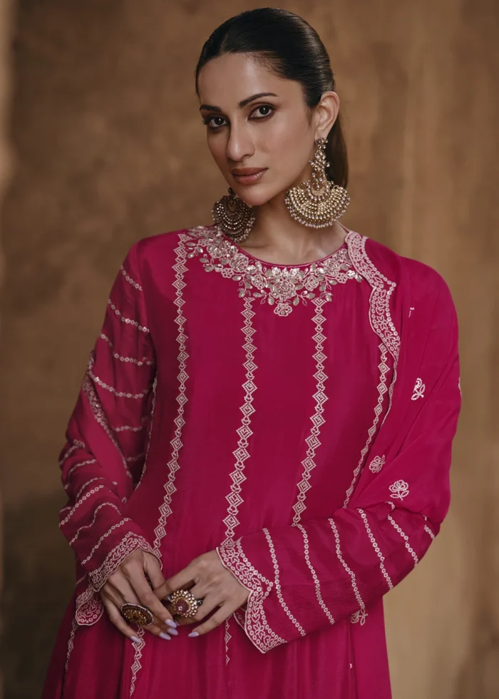 Embroidered Rani Pink Chinon Silk Sharara Suit