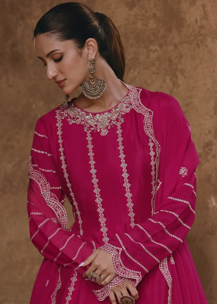 Embroidered Rani Pink Chinon Silk Sharara Suit