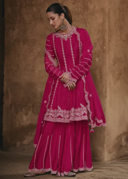 Embroidered Rani Pink Chinon Silk Sharara Suit