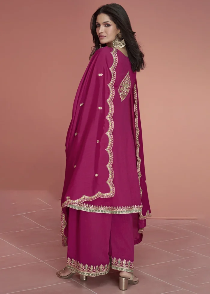 Embroidered Rani Pink Silk Palazzo Suit