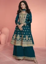 Embroidered Teal Blue Silk Palazzo Suit