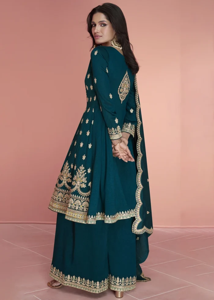 Embroidered Teal Blue Silk Sharara Suit