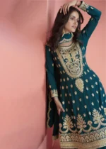 Embroidered Teal Blue Silk Sharara Suit