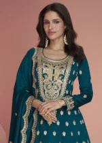 Embroidered Teal Blue Silk Sharara Suit