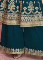 Embroidered Teal Blue Silk Sharara Suit