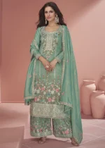 Embroidered Teal Organza Silk Palazzo Suit