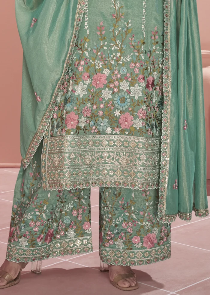 Embroidered Teal Organza Silk Palazzo Suit