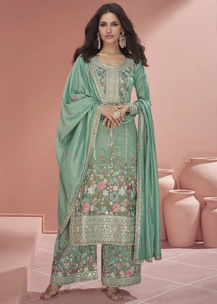 Embroidered Teal Organza Silk Palazzo Suit