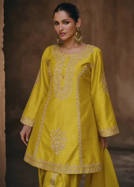 Embroidered Yellow Silk Dhoti Suit