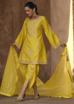 Embroidered Yellow Silk Dhoti Suit