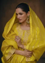 Embroidered Yellow Silk Dhoti Suit