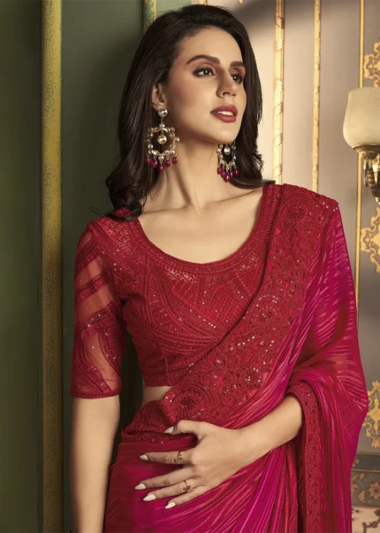 Fuchsia Embroidered Georgette Brasso Saree