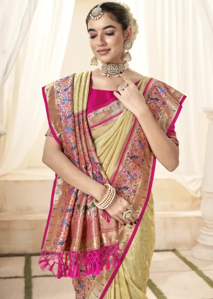 Golden Beige Paithani Tissue Silk Saree