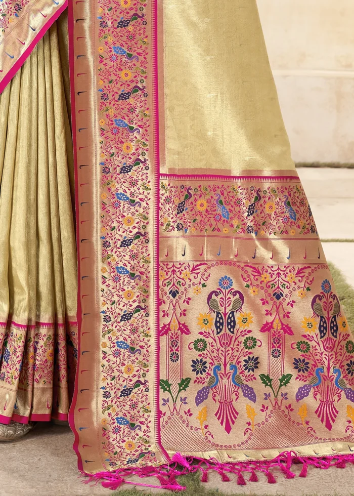 Golden Beige Paithani Tissue Silk Saree