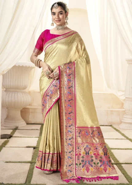 Golden Beige Paithani Tissue Silk Saree