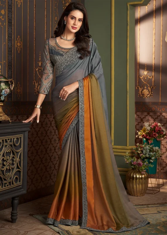 Gray and Orange Embroidered Chiffon Saree