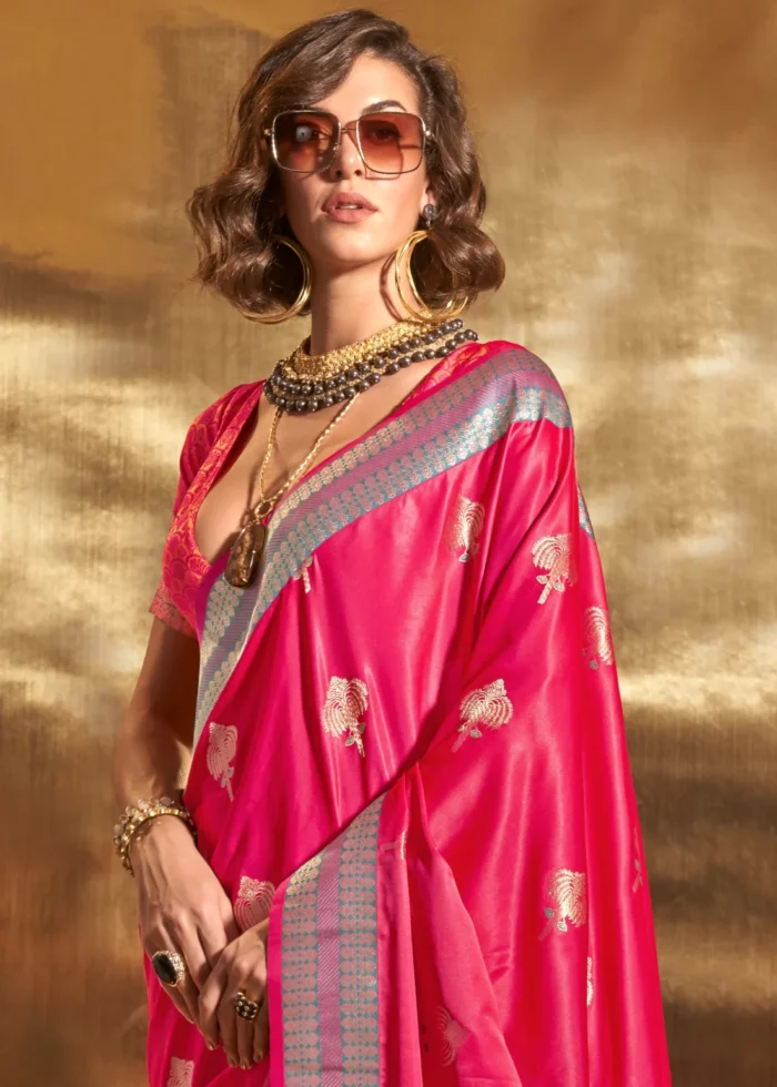 Hot Pink Banarasi Satin Silk Saree